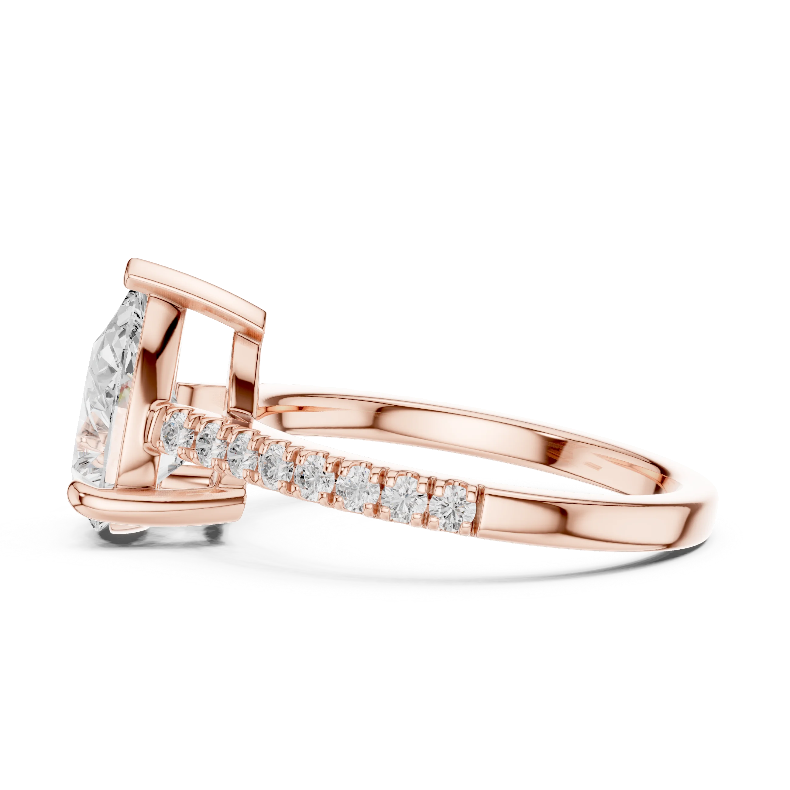 Pear halo engagement ring with pavé diamond band in rose gold, lab grown diamond, side view, Australia DFE