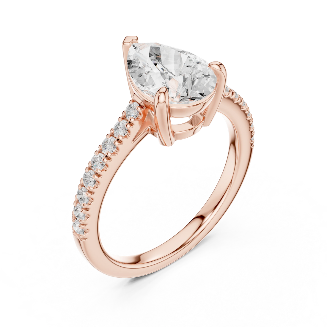 Pear halo engagement ring with pavé diamond band in rose gold, lab-grown diamond, top front view, Australia DFE