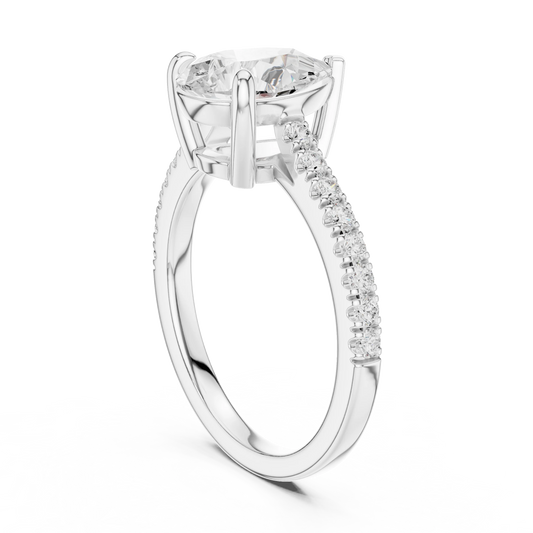 Pear halo engagement ring with pavé diamond band in white gold, lab grown diamond, back view, Australia DFE