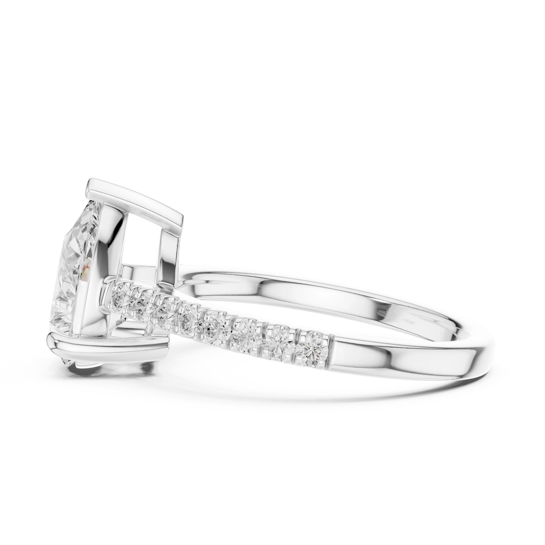 Pear halo engagement ring with pavé diamond band in white gold, lab grown diamond, side view, Australia DFE