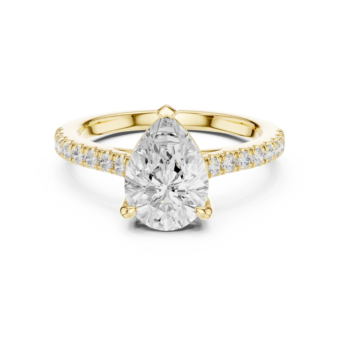 Pear halo engagement ring with pavé diamond band in yellow gold, lab grown diamond, Australia DFE
