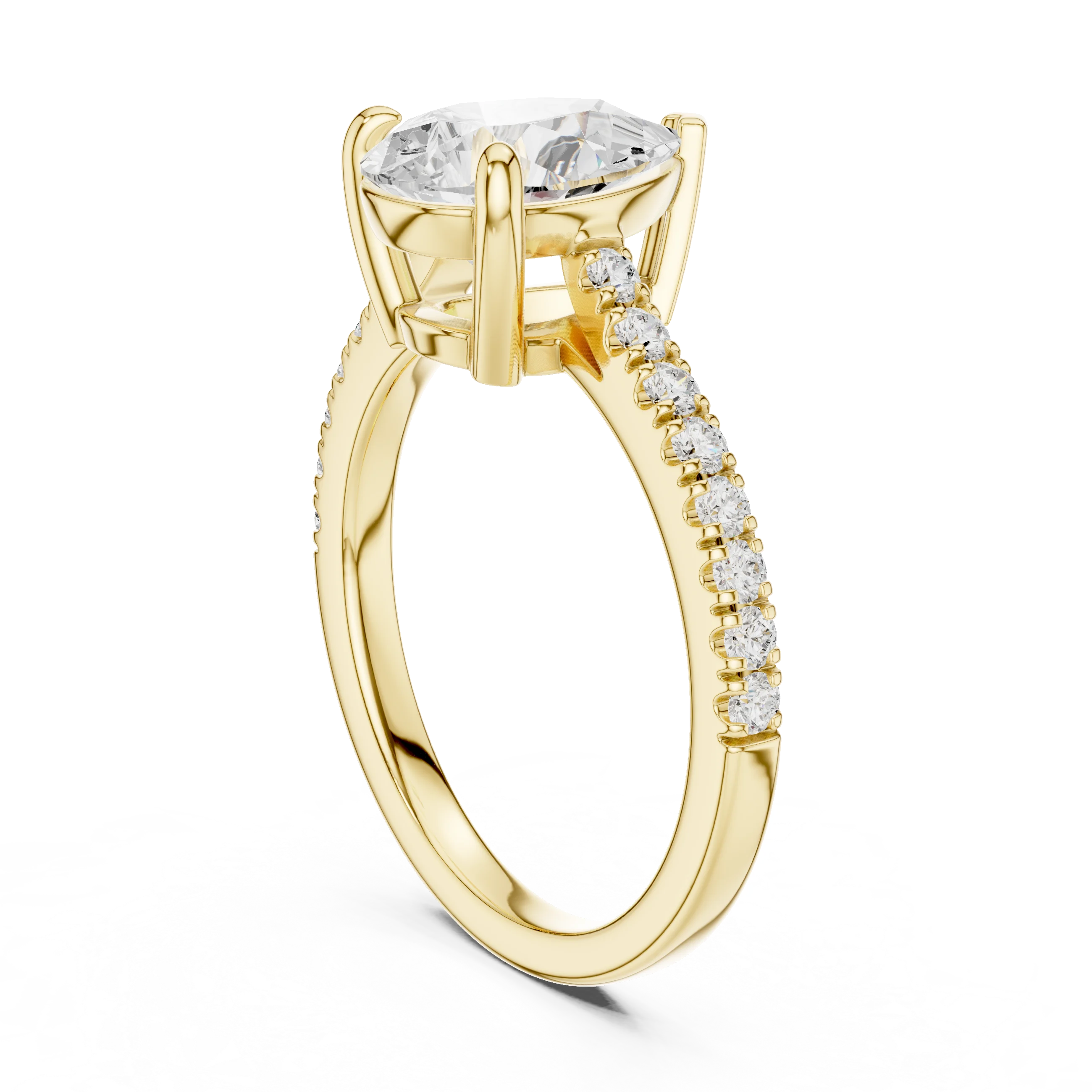 Pear halo engagement ring with pavé diamond band in yellow gold, lab grown diamond, back view, Australia DFE