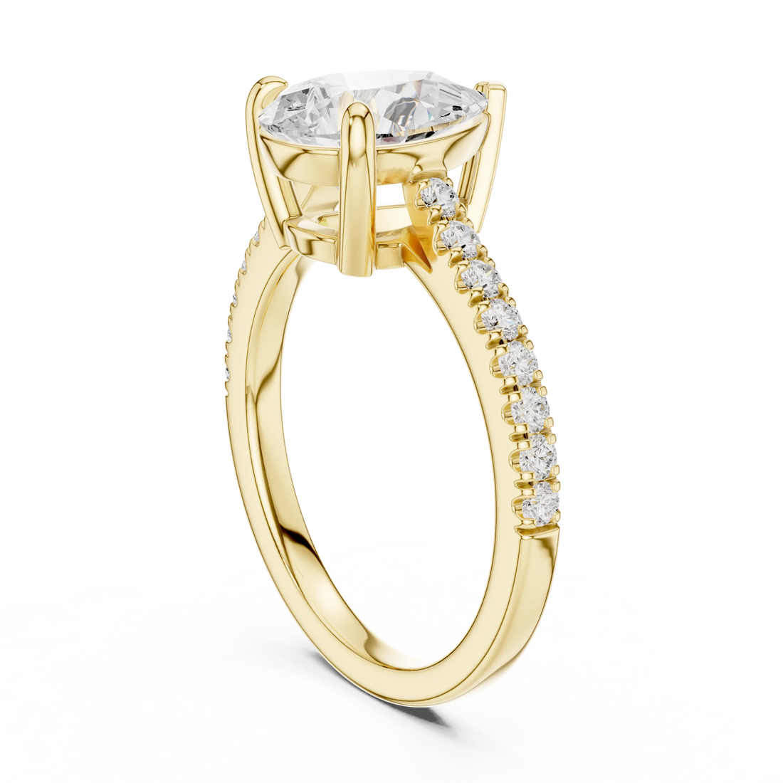 Pear halo engagement ring with pavé diamond band in yellow gold, lab grown diamond, back view, Australia DFE