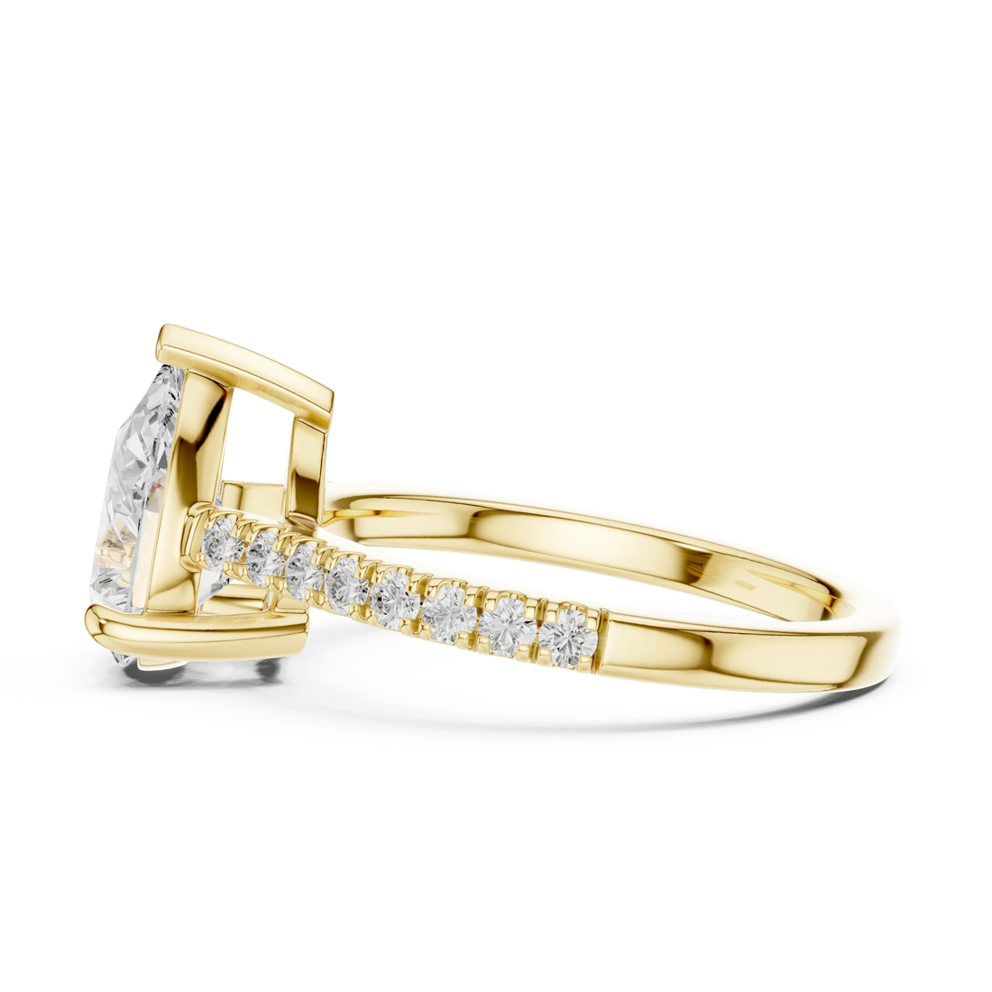 Pear halo engagement ring with pavé diamond band in yellow gold, lab grown diamond, side view, Australia DFE