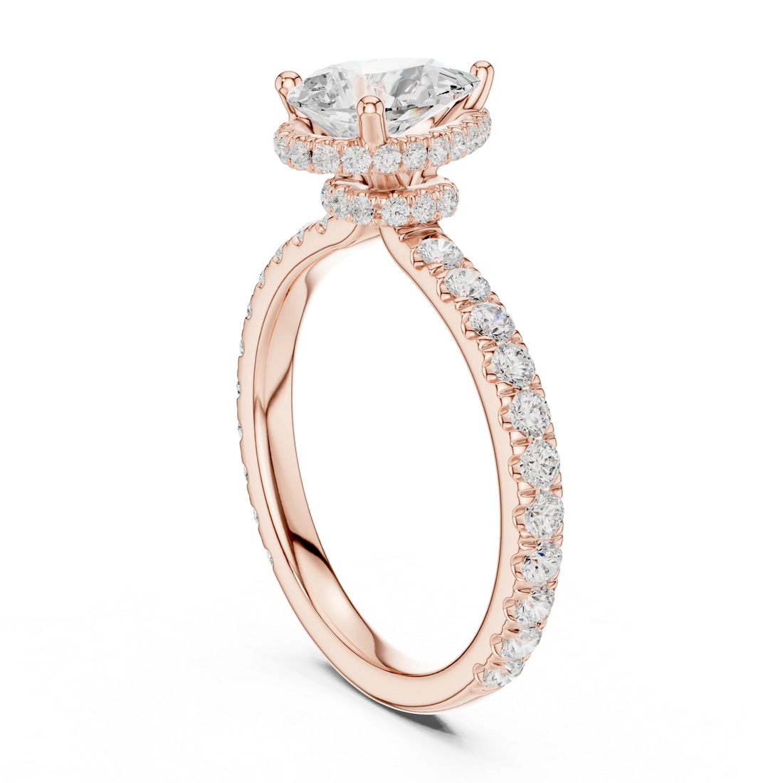 Back view of rose gold pear hidden halo ring with pave diamond band and lab-grown diamond – Australia