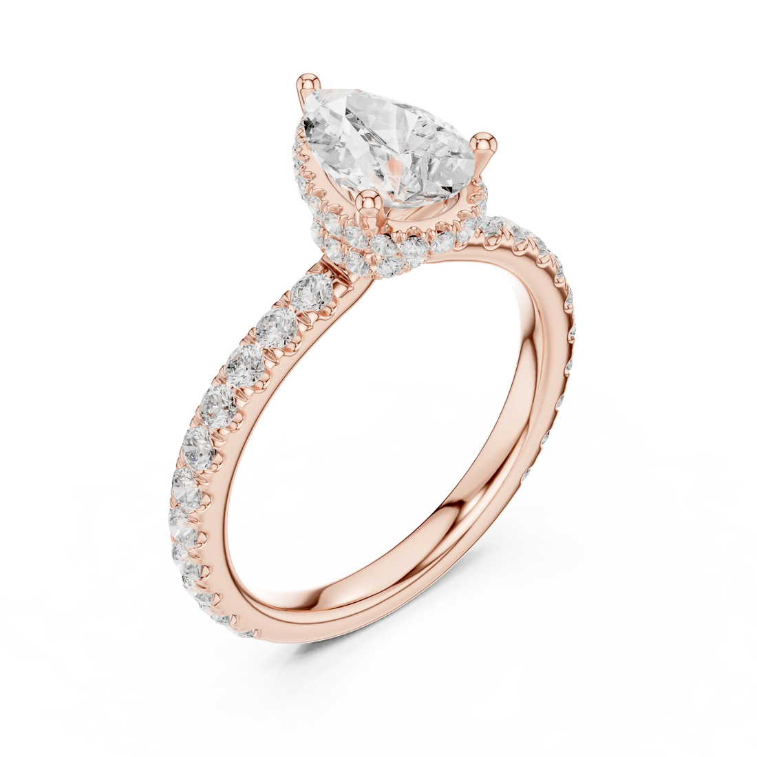 Front view of rose gold pear hidden halo ring with pave diamond band and lab-grown diamond – Australia
