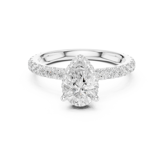 Pear hidden halo ring in white gold with pave diamond band and lab-grown diamond – Australia
