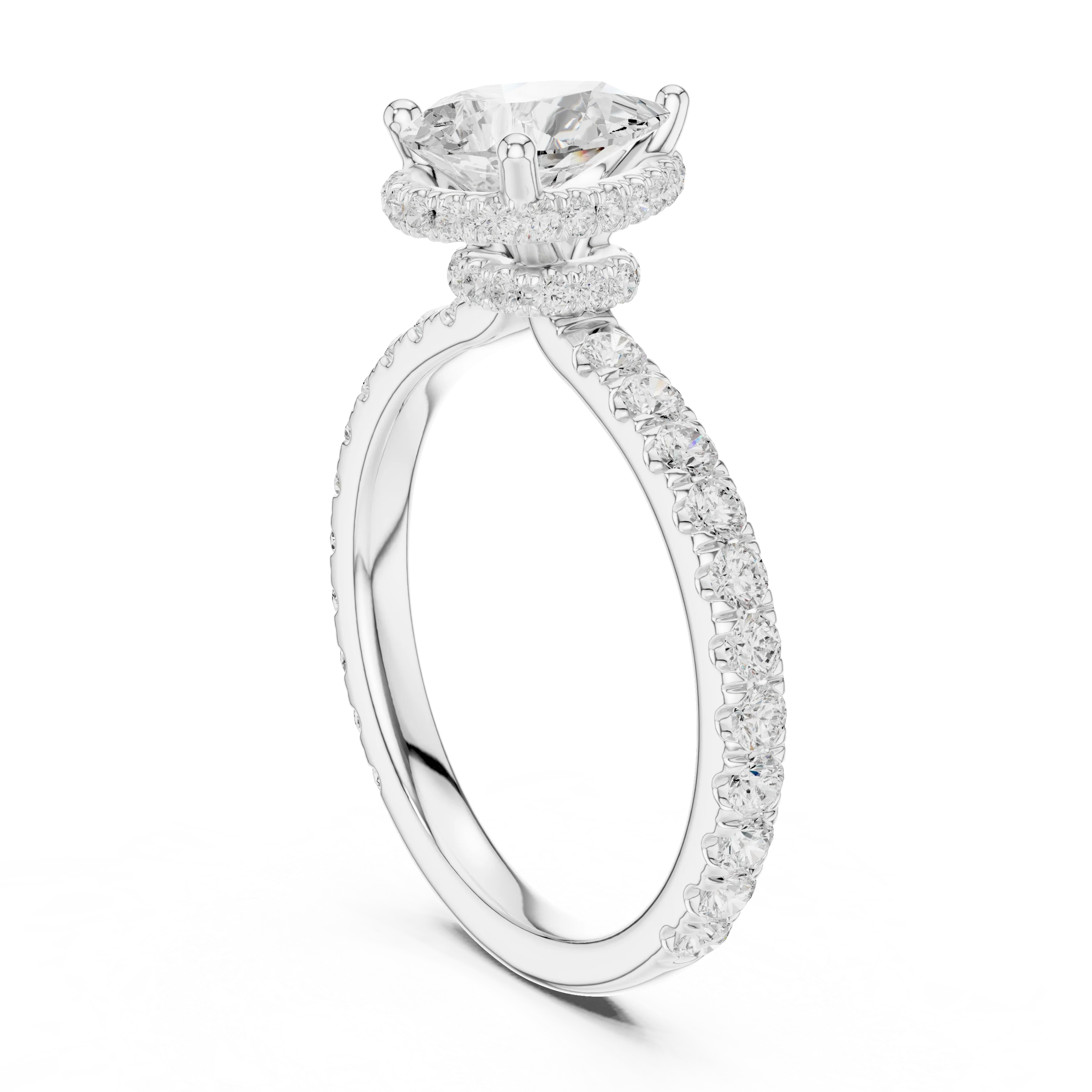 Back view of white gold pear hidden halo ring with pave diamond band and lab-grown diamond – Australia