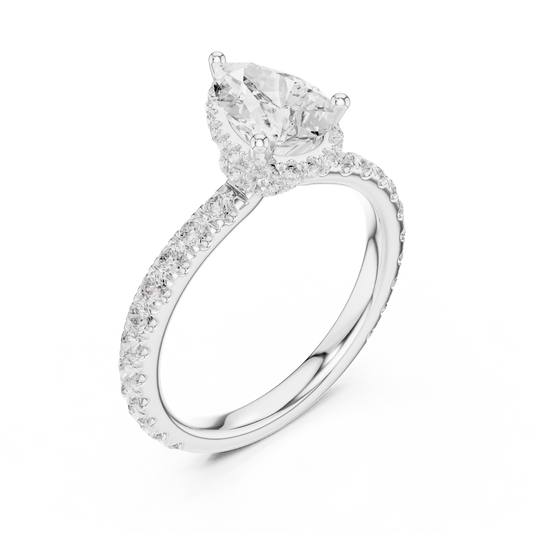 Front view of white gold pear hidden halo ring with pave diamond band and lab-grown diamond – Australia