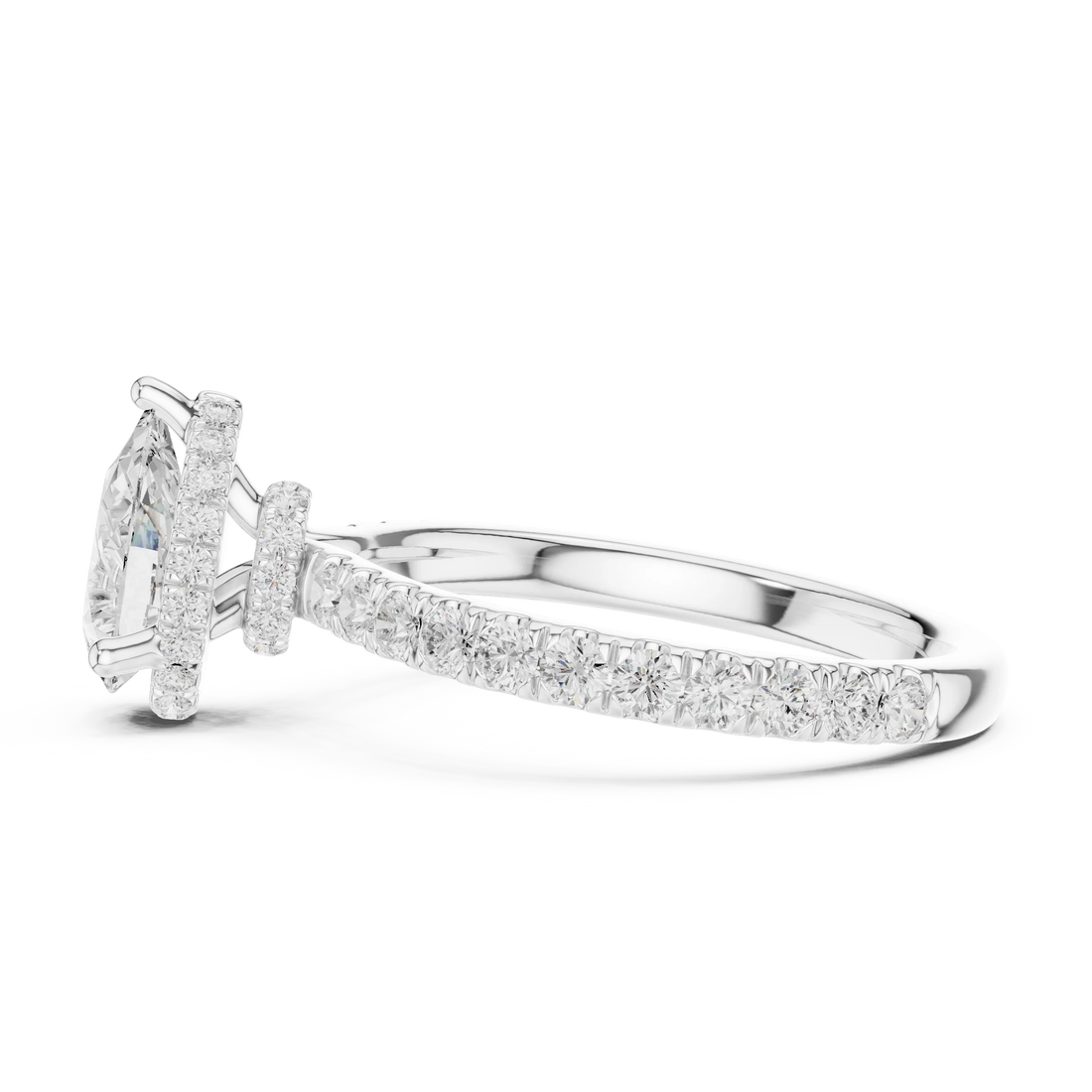 Side view of white gold pear hidden halo ring with pave diamond band and lab-grown diamond – Australia