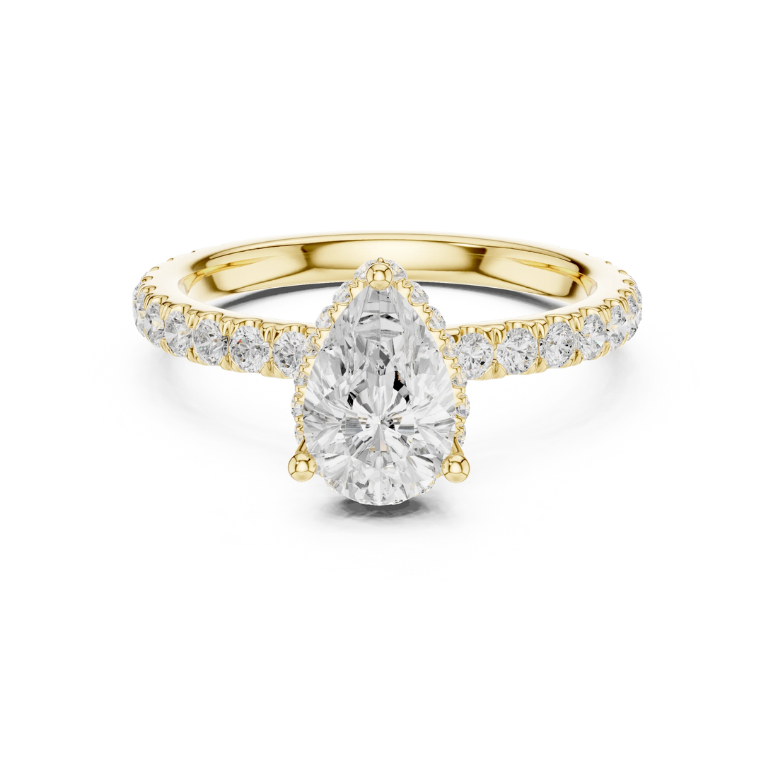 Pear hidden halo ring in yellow gold with pave diamond band and lab-grown diamond – Australia