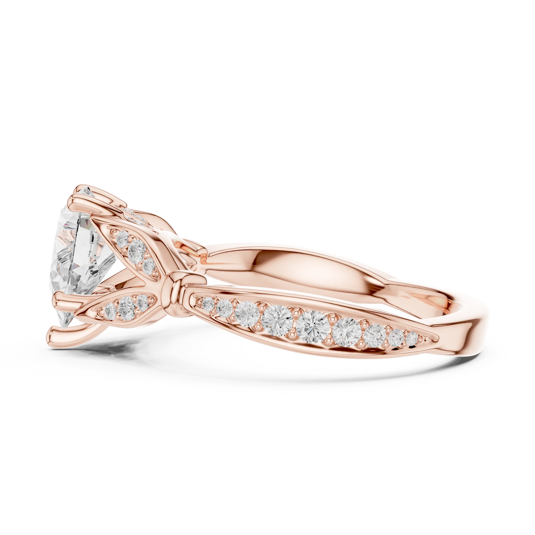 Side view of rose gold pear solitaire ring with floral milgrain pave band and lab-grown diamond – Australia