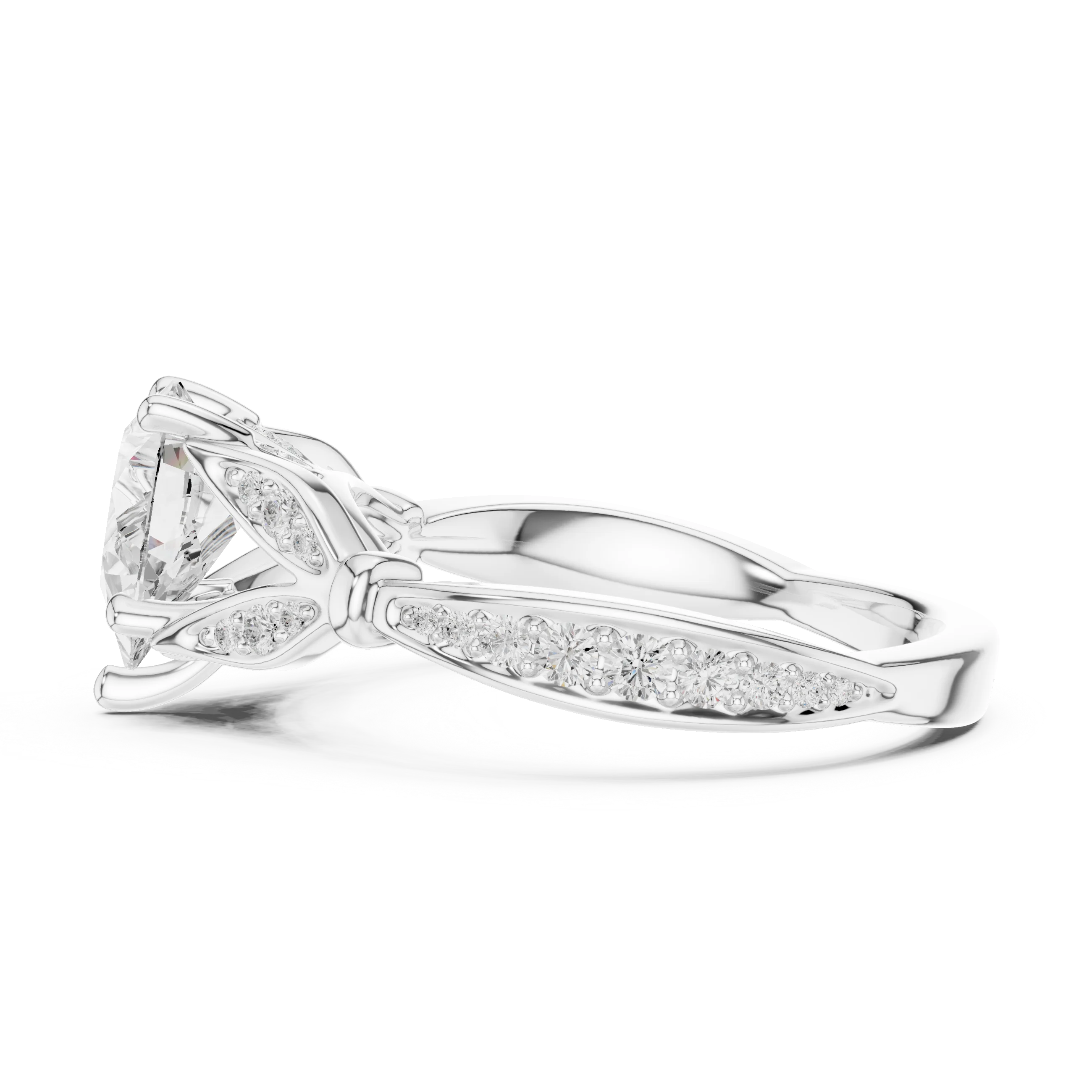 Side view of white gold pear solitaire ring with floral milgrain pave band and lab-grown diamond – Australia