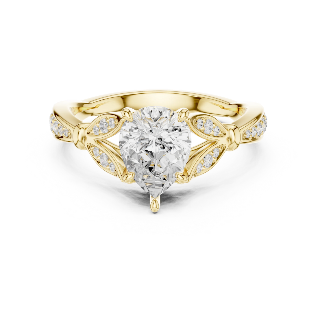 Pear solitaire ring in yellow gold with floral milgrain pave band and lab-grown diamond – Australia