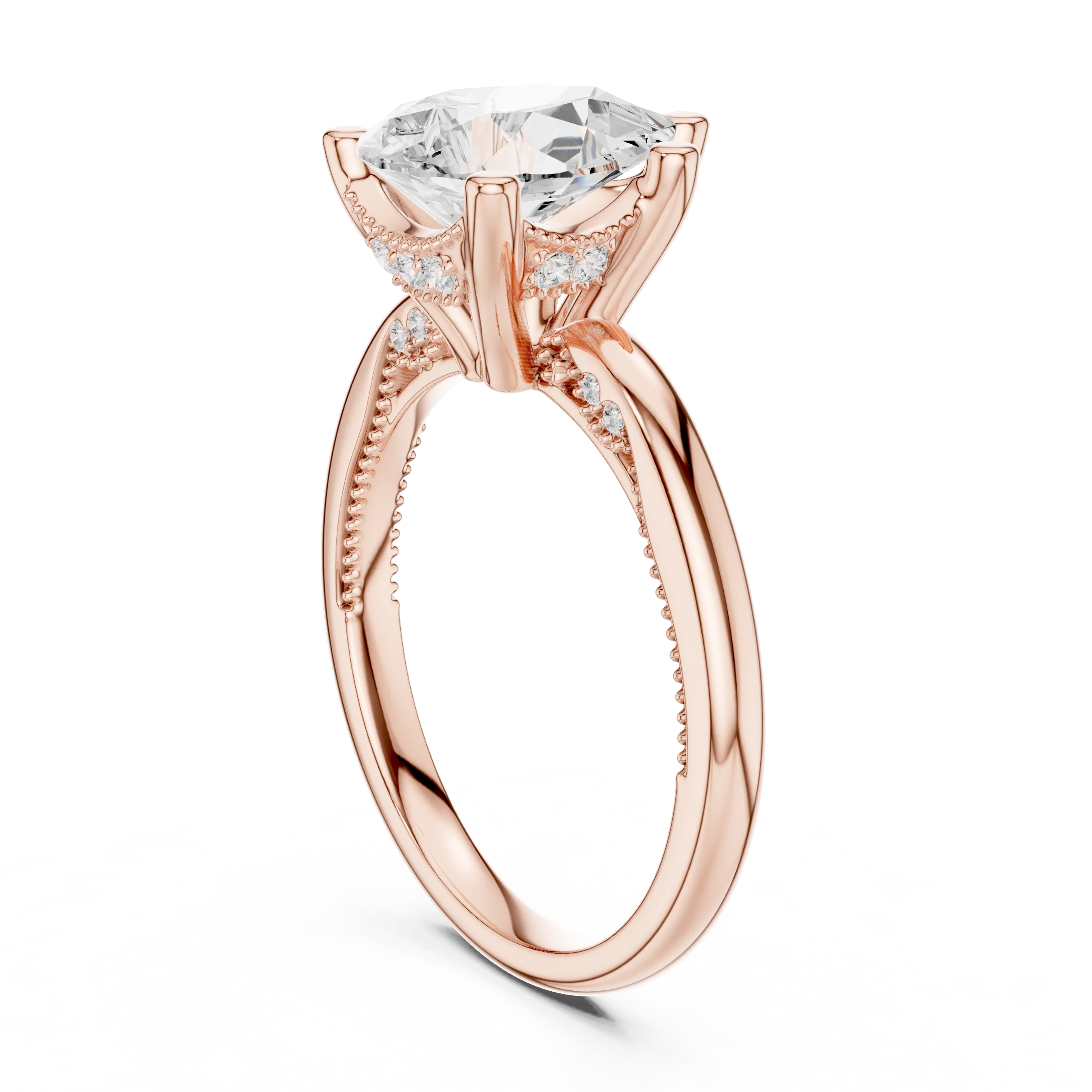 Back side view of rose gold pear cut solitaire ring showing hidden halo and domed band structure