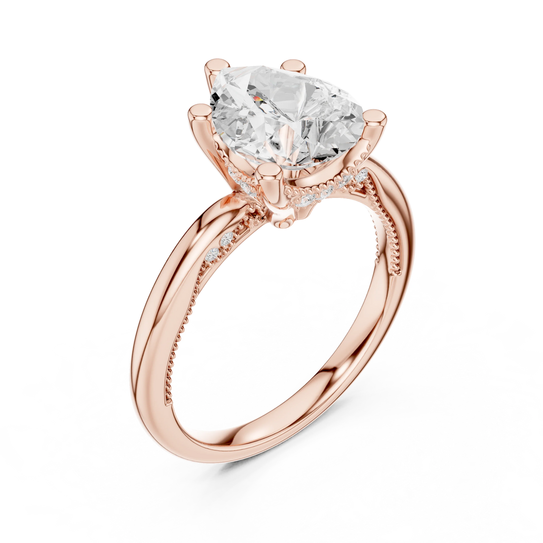 Front view of rose gold pear cut solitaire ring with hidden halo and domed band and lab-created diamond