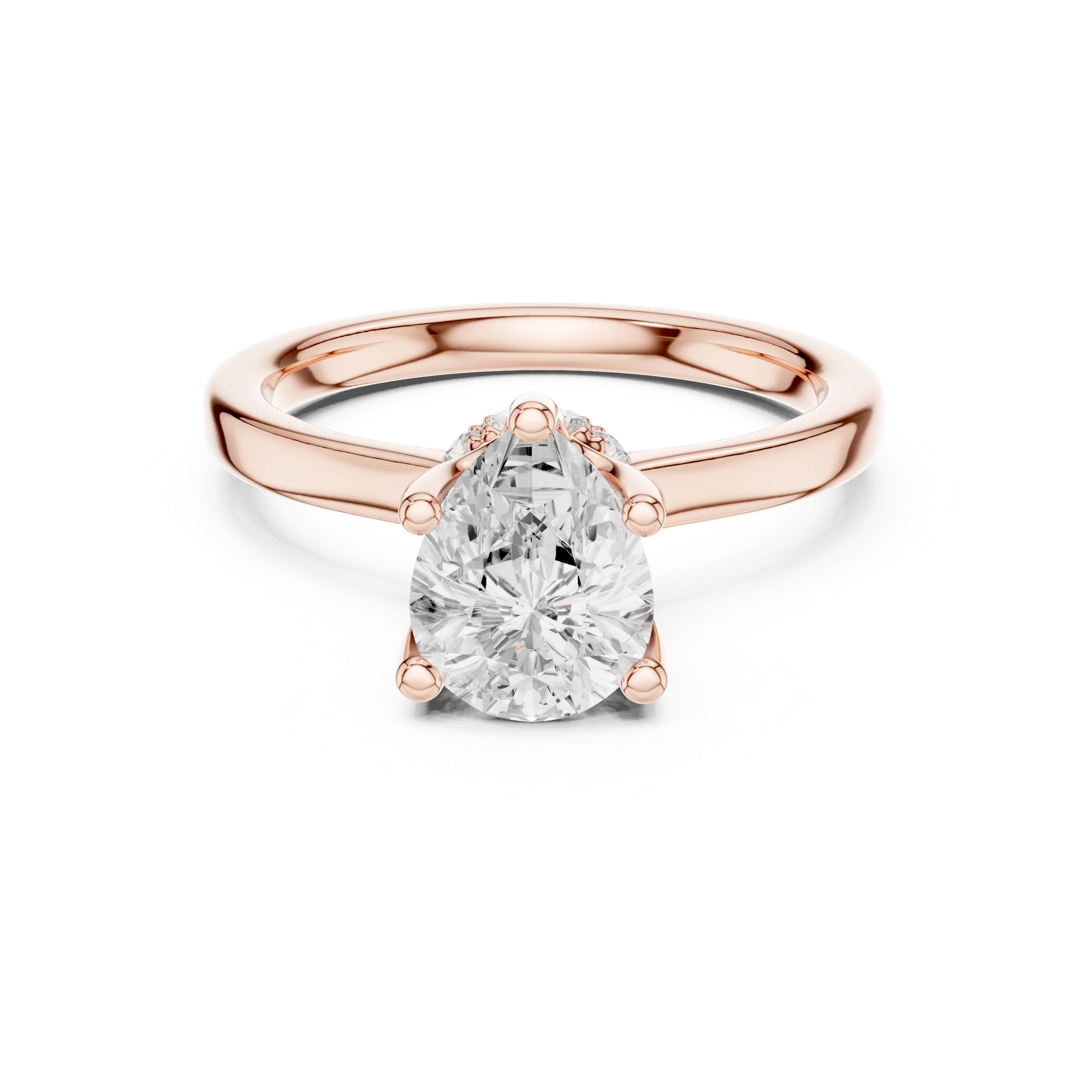 Rose gold pear cut solitaire ring with hidden halo and domed band featuring lab-grown diamond, modern look