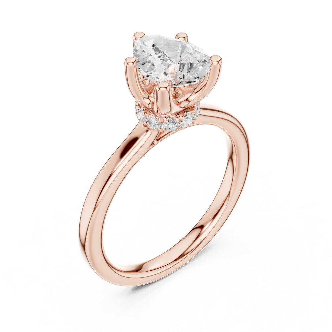 Front view of rose gold pear cut solitaire ring with hidden halo and domed band and lab-created diamond