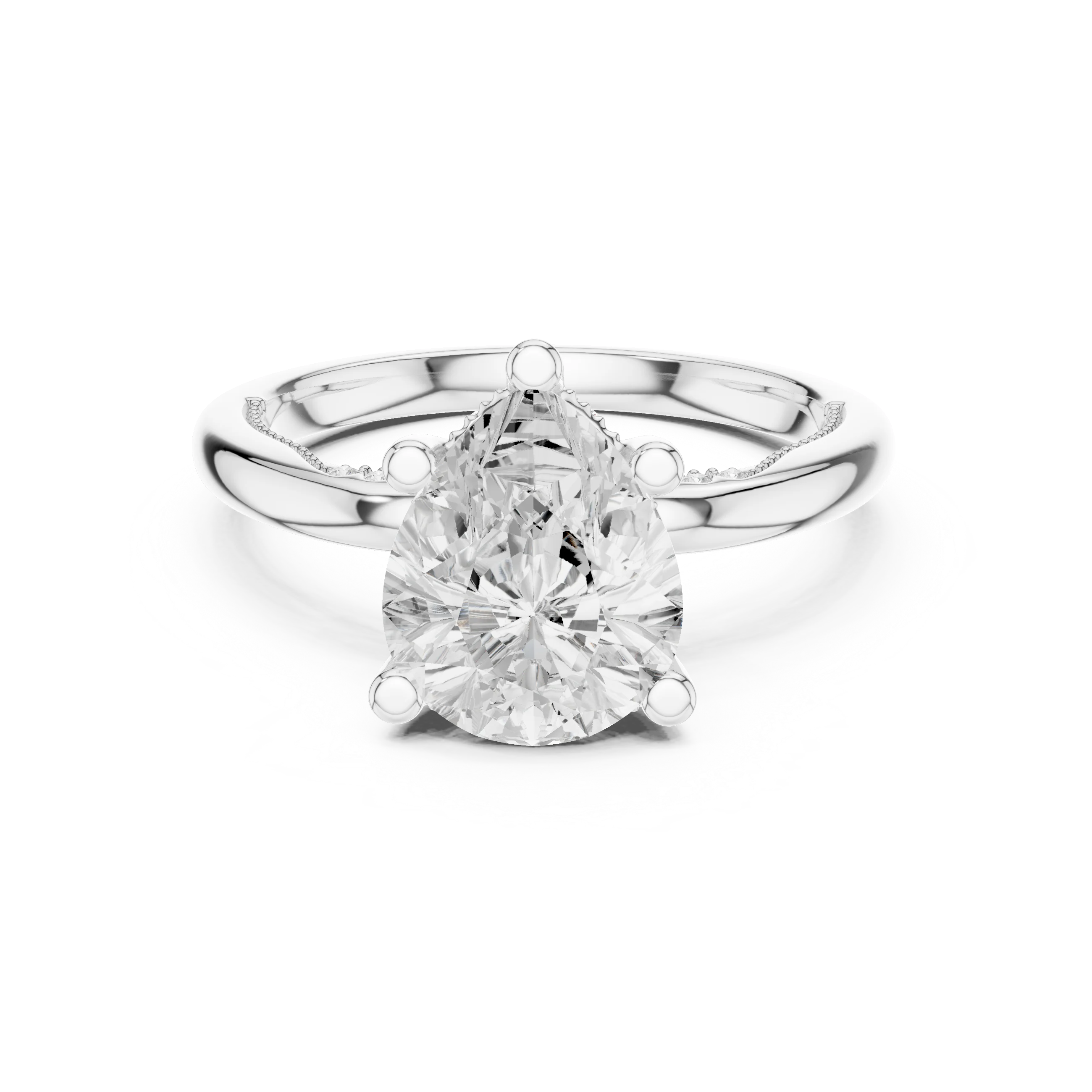 White gold pear cut solitaire ring with hidden halo and domed band featuring lab-grown diamond, elegant design