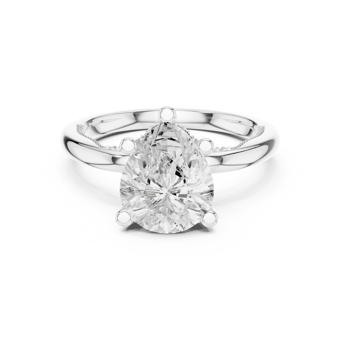 White gold pear cut solitaire ring with hidden halo and domed band featuring lab-grown diamond, elegant design
