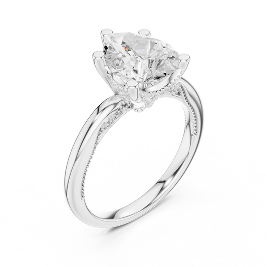 Front view of white gold pear cut solitaire ring with hidden halo and domed band and lab-created diamond