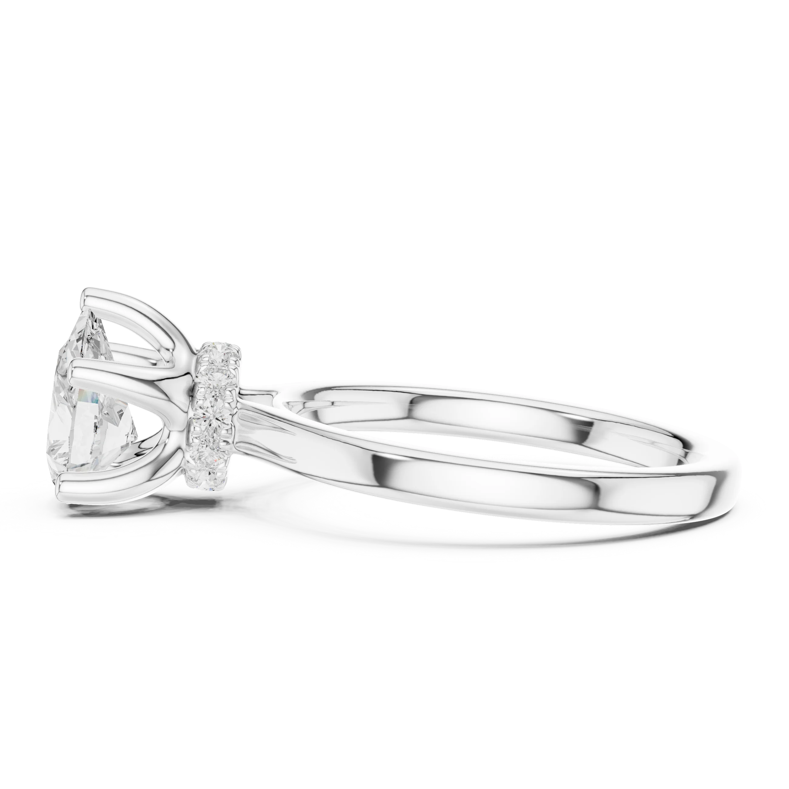 Side view of white gold pear cut solitaire ring highlighting hidden halo and domed band design