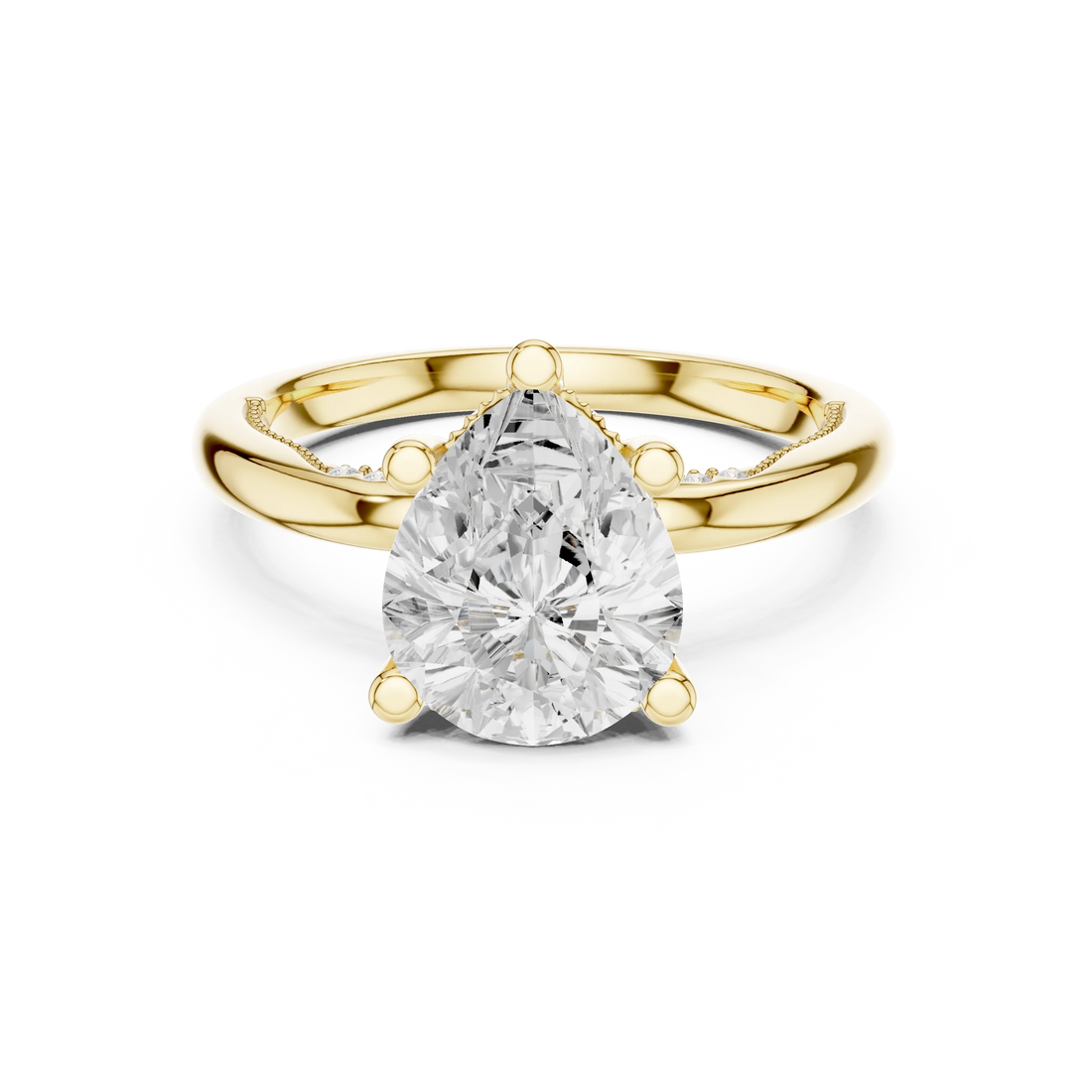 Yellow gold pear cut solitaire ring with hidden halo and domed band featuring lab-grown diamond, classic style