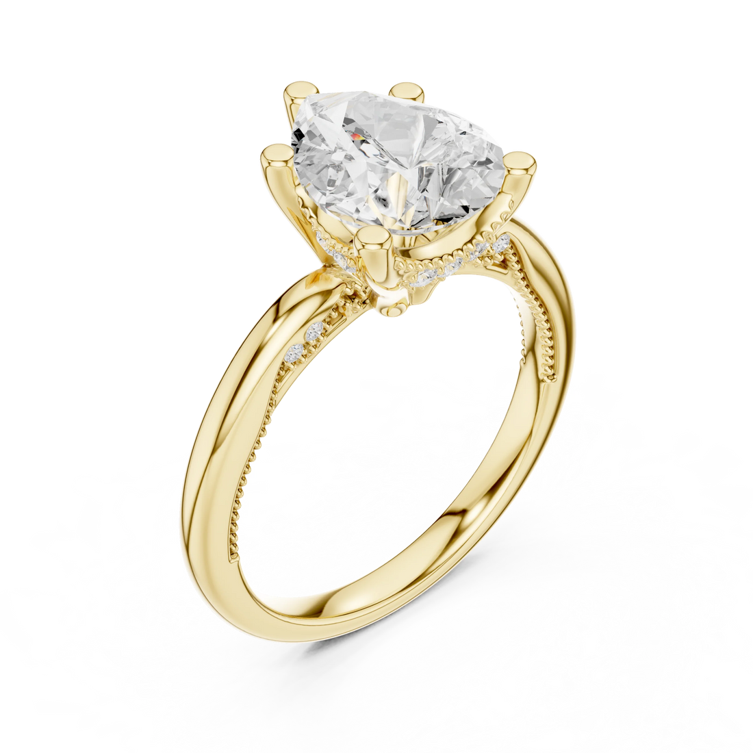 Front view of yellow gold pear cut solitaire ring with hidden halo and domed band and lab-created diamond