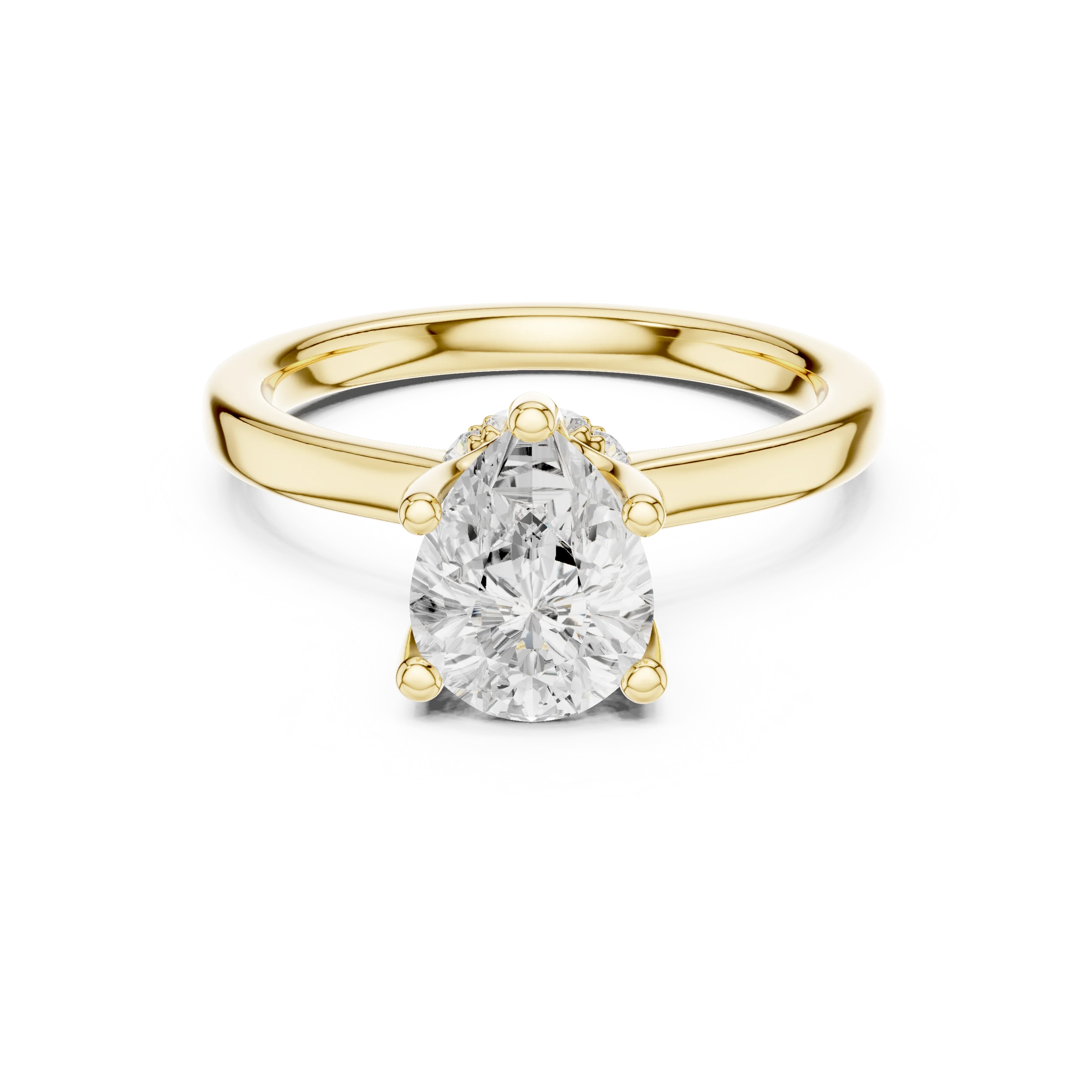 Yellow gold pear cut solitaire ring with hidden halo and domed band featuring lab-grown diamond, classic style