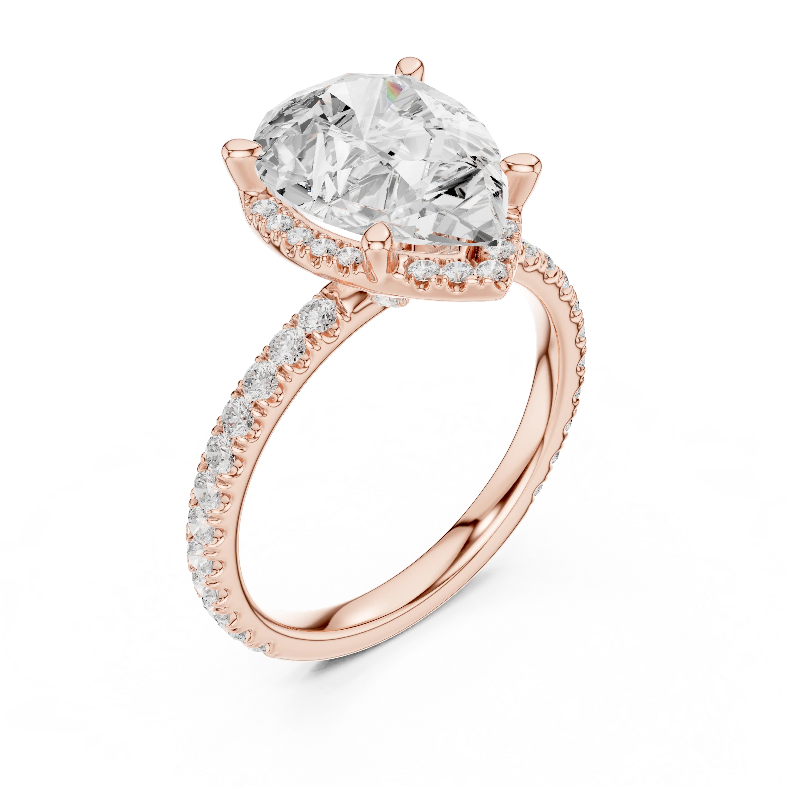 Front view of rose gold pear cut solitaire ring with hidden halo and thin pavé diamond band and lab-created diamond