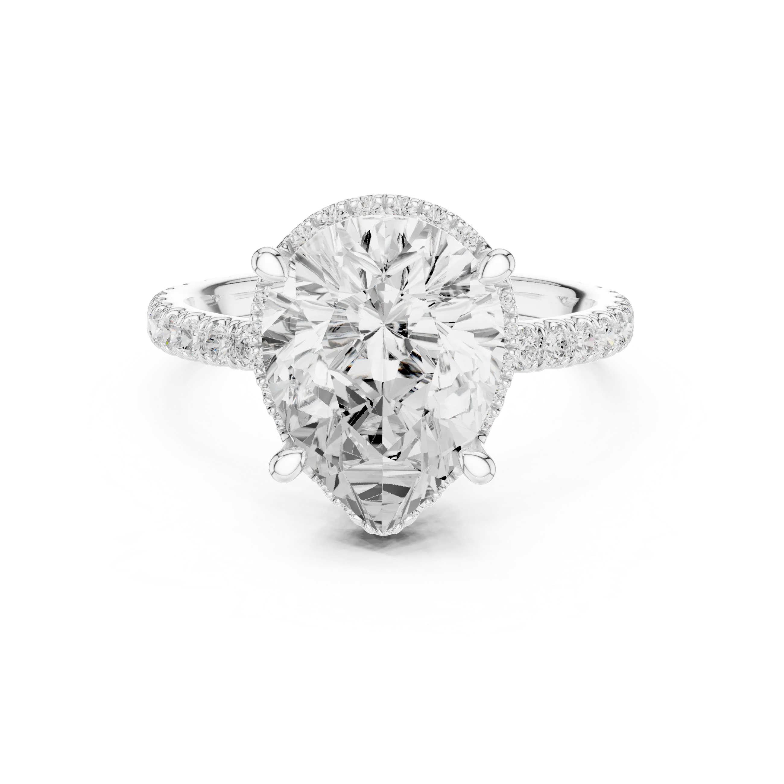White gold pear cut solitaire ring with hidden halo and thin pavé band featuring lab-grown diamond, delicate design