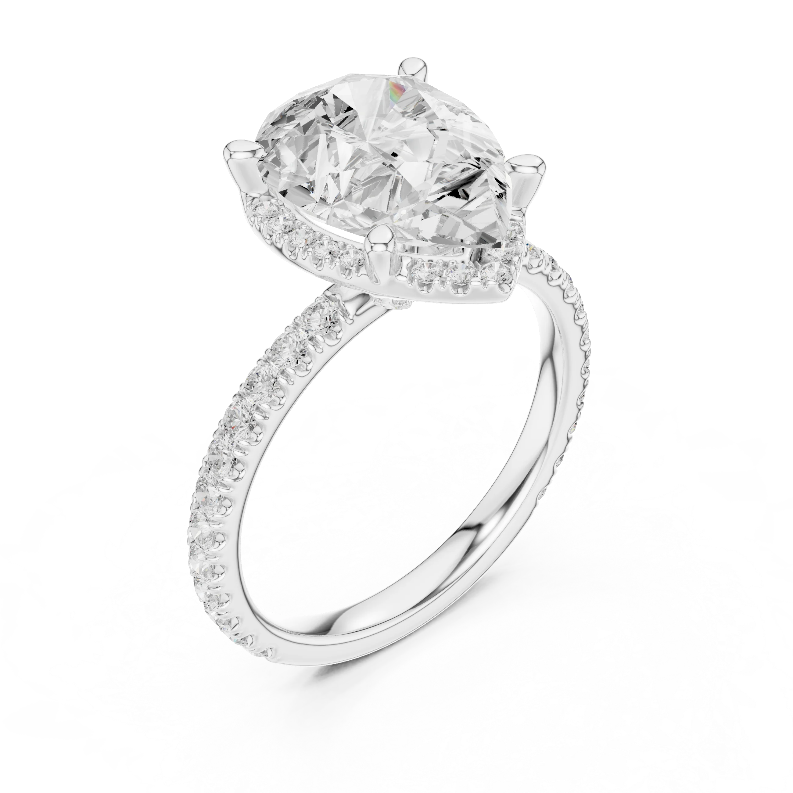 Front view of white gold pear cut solitaire ring with hidden halo and thin pavé diamond band and lab-created diamond