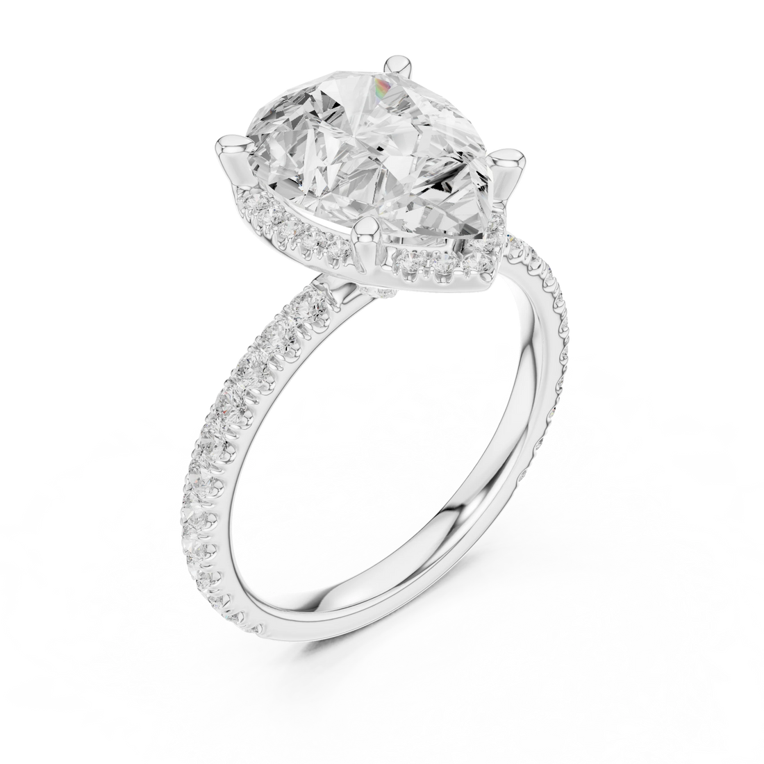 Front view of white gold pear cut solitaire ring with hidden halo and thin pavé diamond band and lab-created diamond