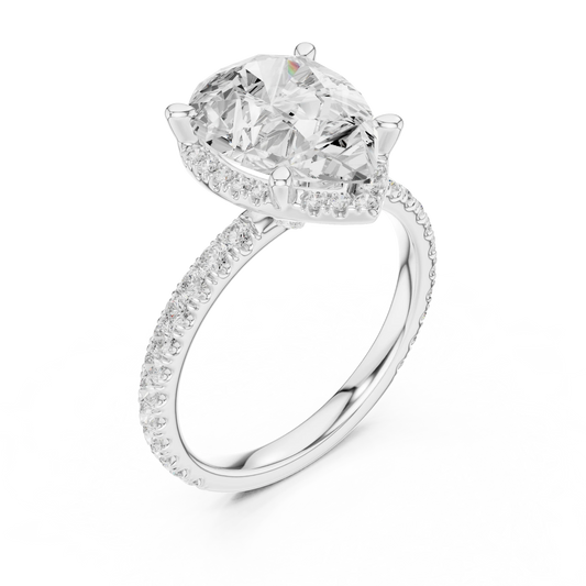 Front view of white gold pear cut solitaire ring with hidden halo and thin pavé diamond band and lab-created diamond