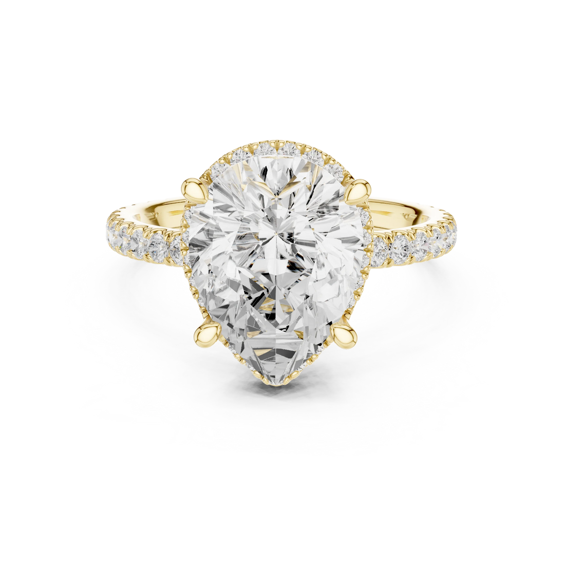 Yellow gold pear cut solitaire ring with hidden halo and thin pavé band featuring lab-grown diamond, classic style