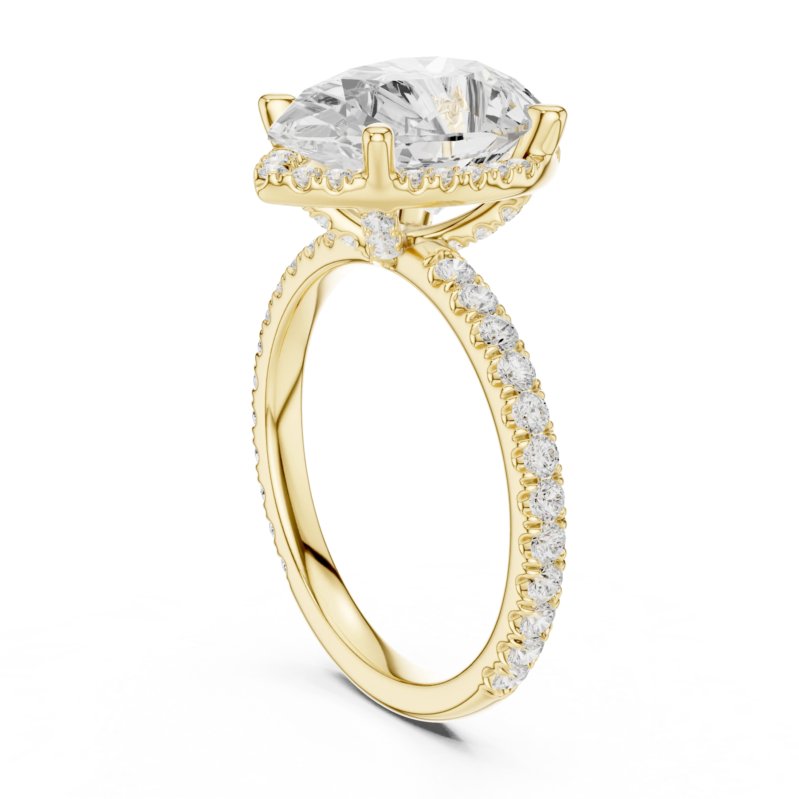 Back side view of yellow gold pear cut solitaire ring showing hidden halo and thin pavé band details