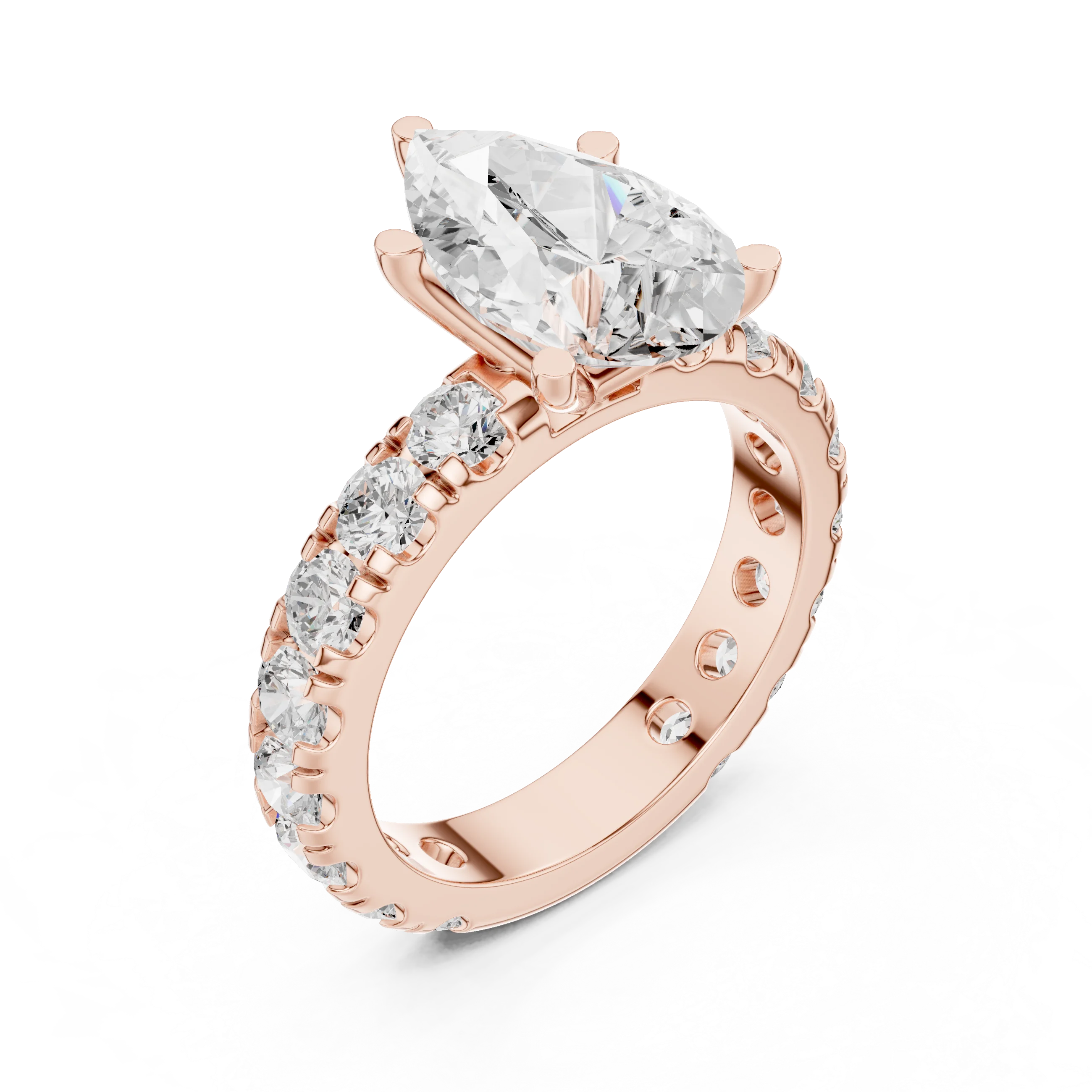 Front view of rose gold pear cut solitaire ring with pave band and lab-created diamond