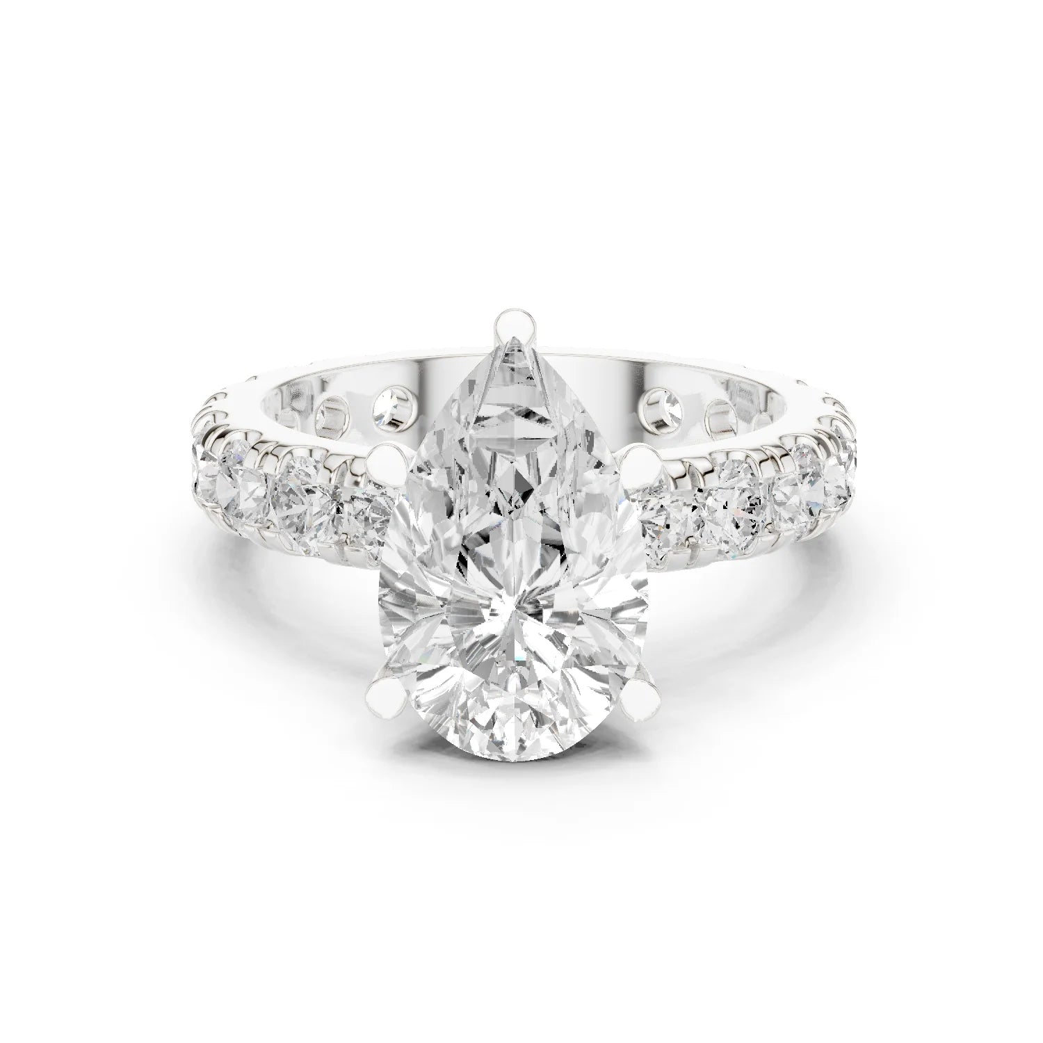 White gold pear cut solitaire ring with pave band and lab-grown diamond, elegant design