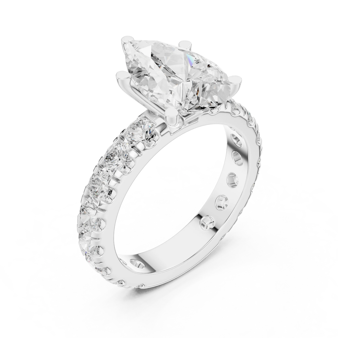Front view of white gold pear cut solitaire ring with pave band and lab-created diamond