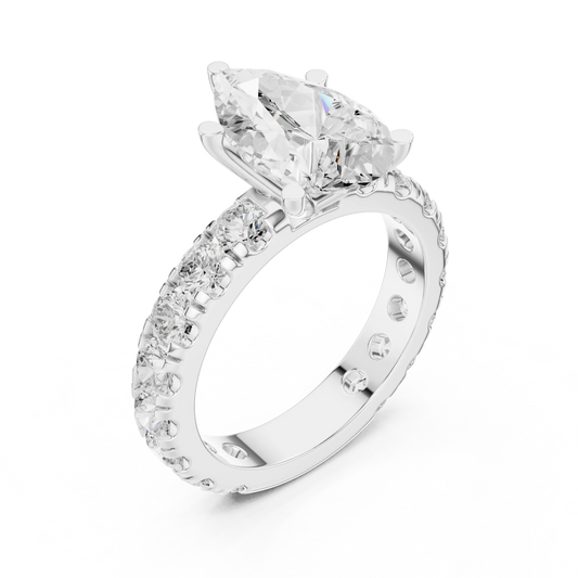 Front view of white gold pear cut solitaire ring with pave band and lab-created diamond