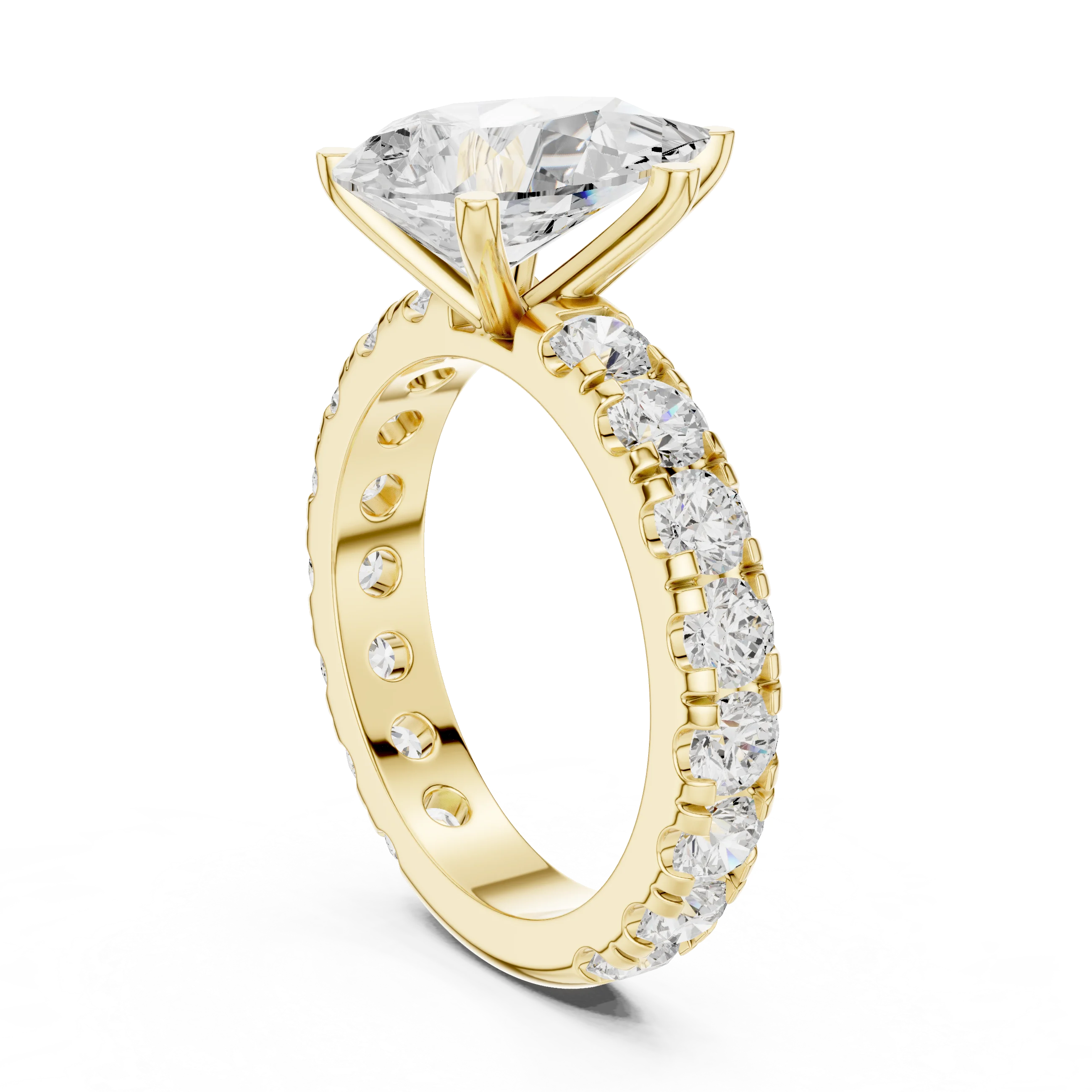 Back side view of yellow gold pear cut solitaire ring showing pave band and mounting details