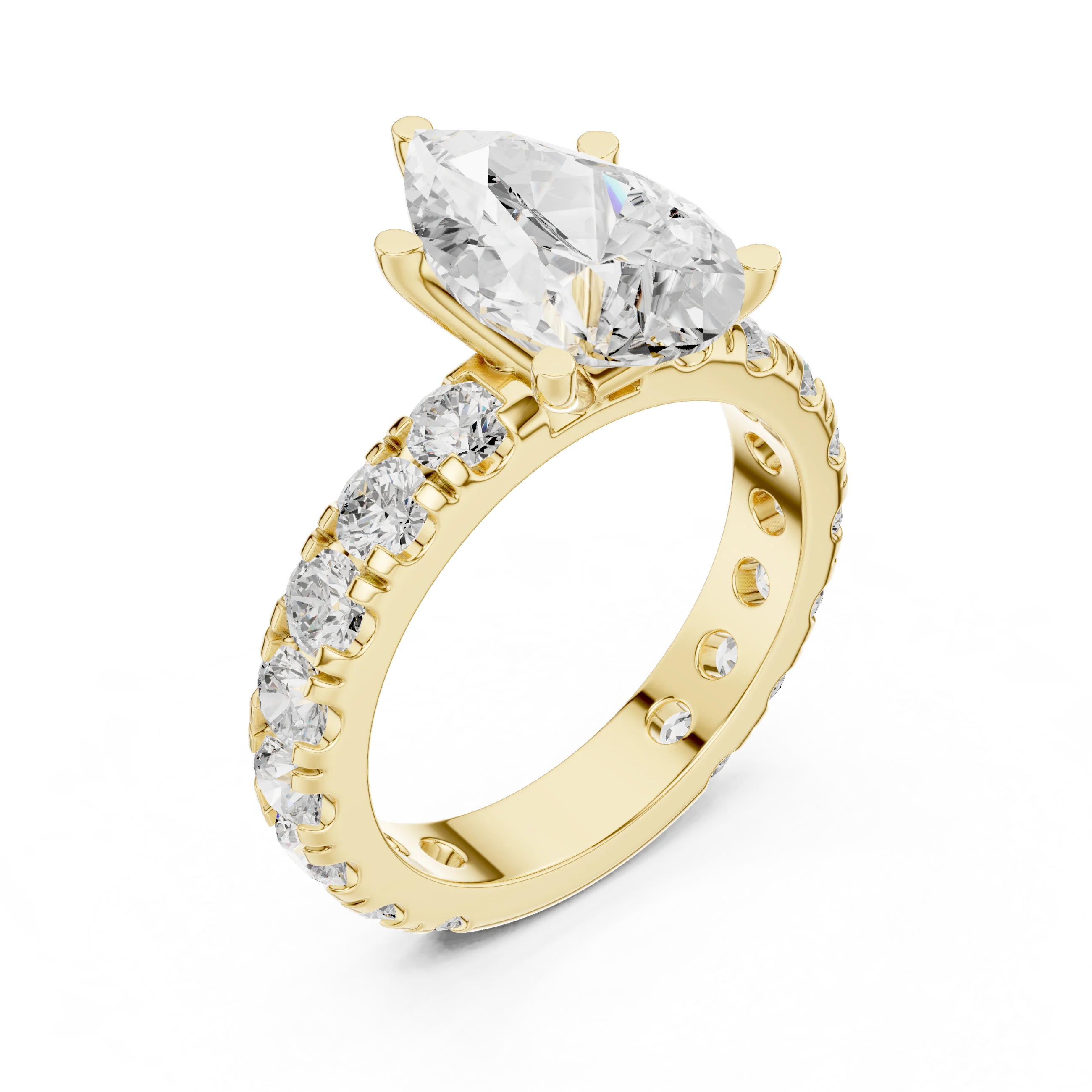 Front view of yellow gold pear cut solitaire ring with pave band and lab-created diamond