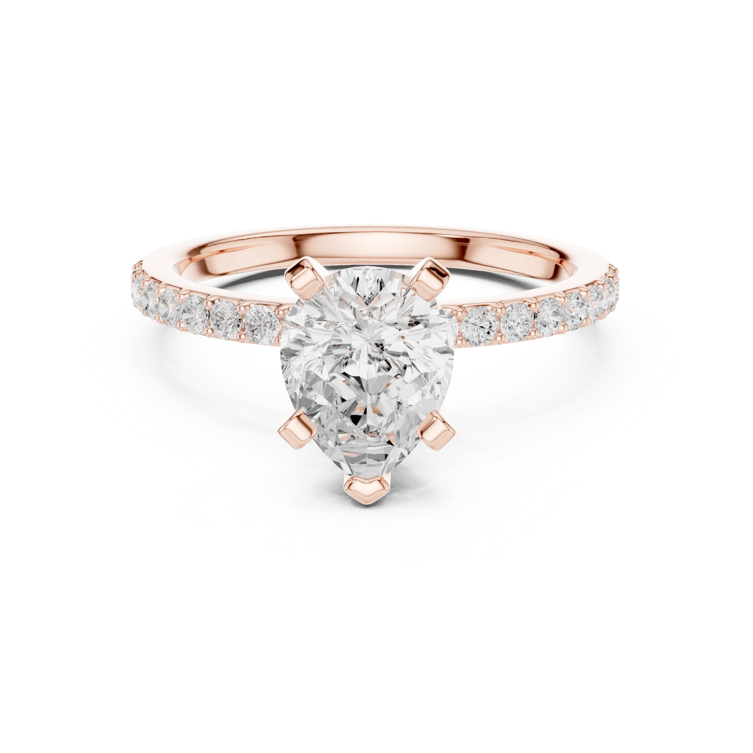 Lab-grown pear solitaire diamond ring in rose gold with thin pavé band