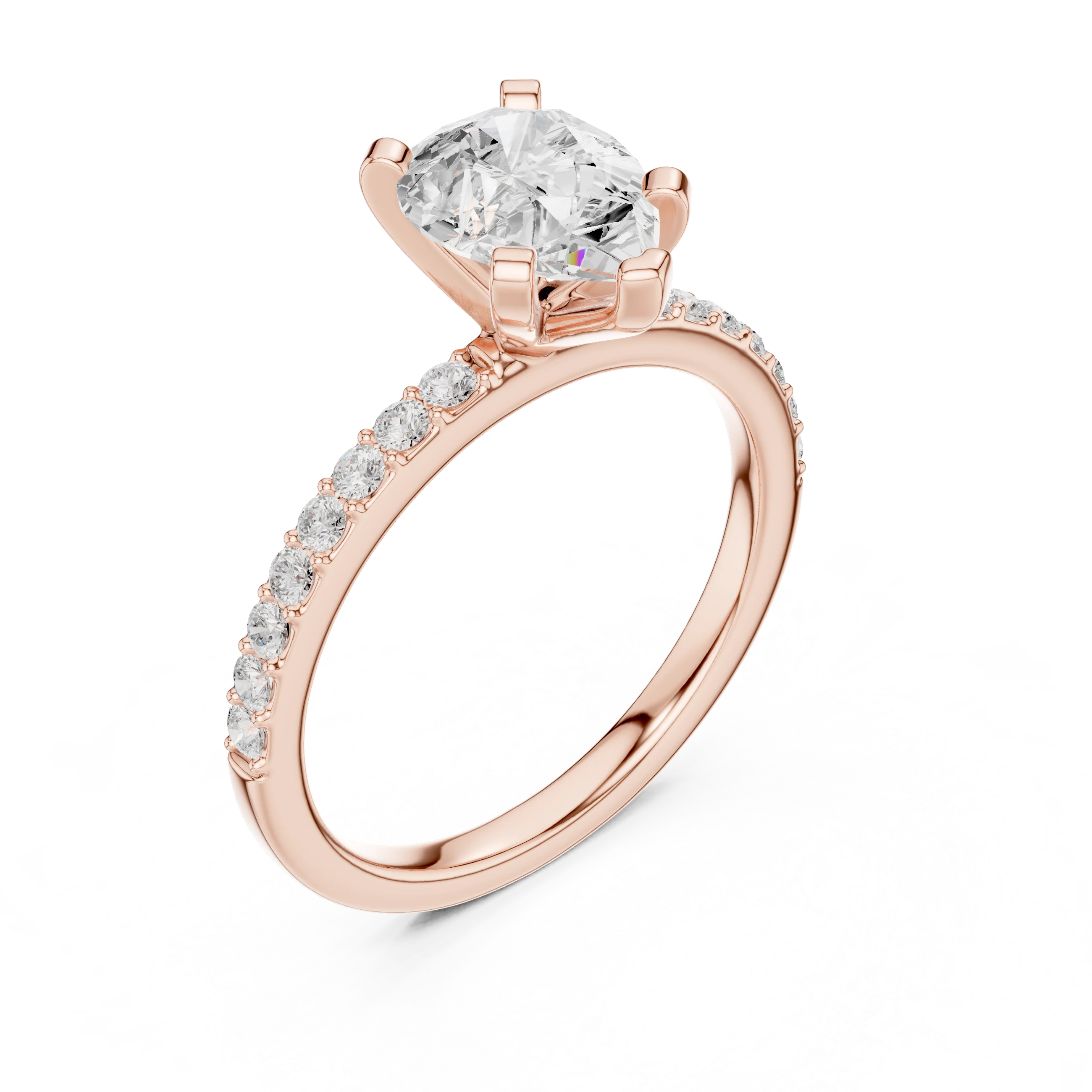 Front view of rose gold pear solitaire ring with thin pavé band and center diamond