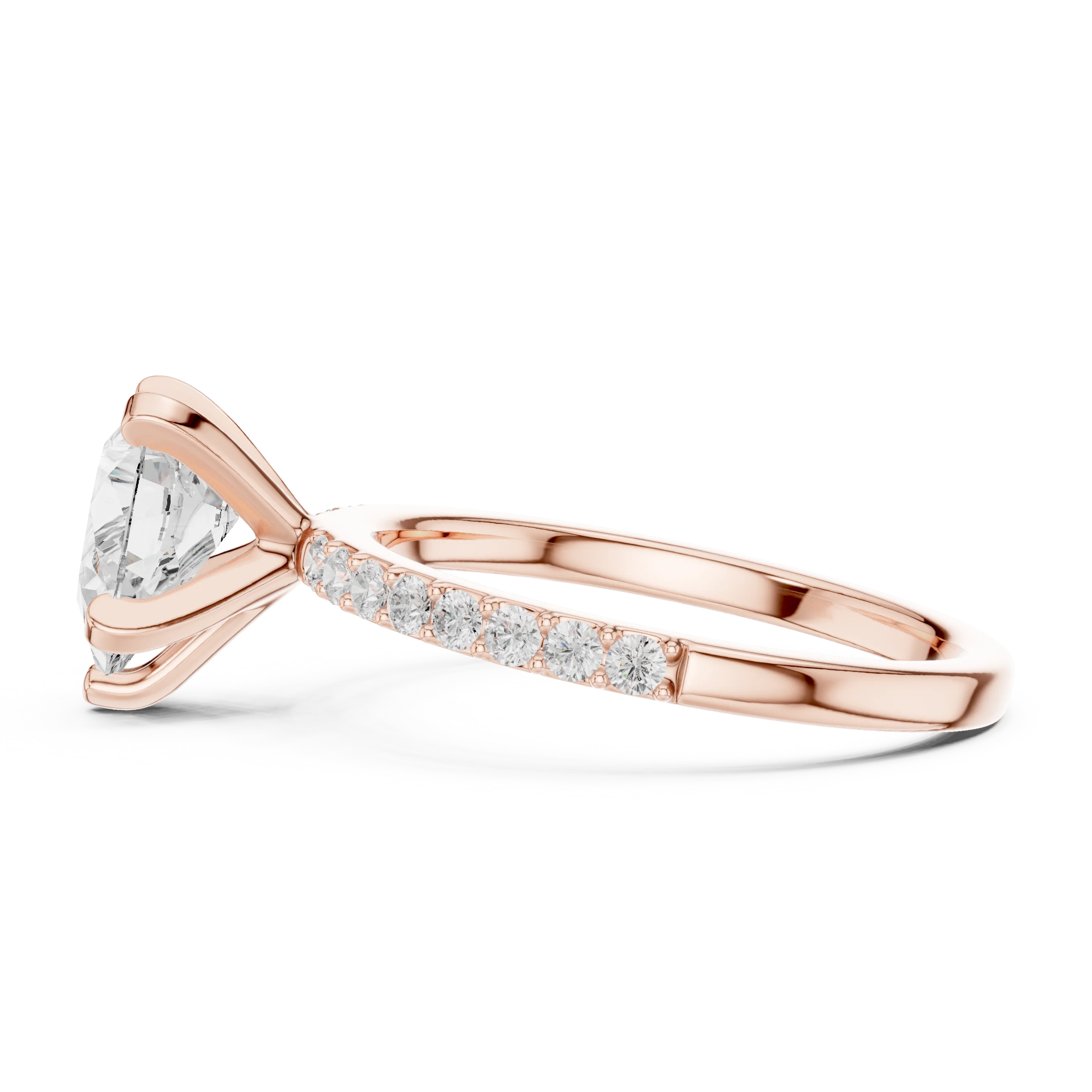 Side profile of rose gold pear solitaire ring with thin pavé band and elevated setting