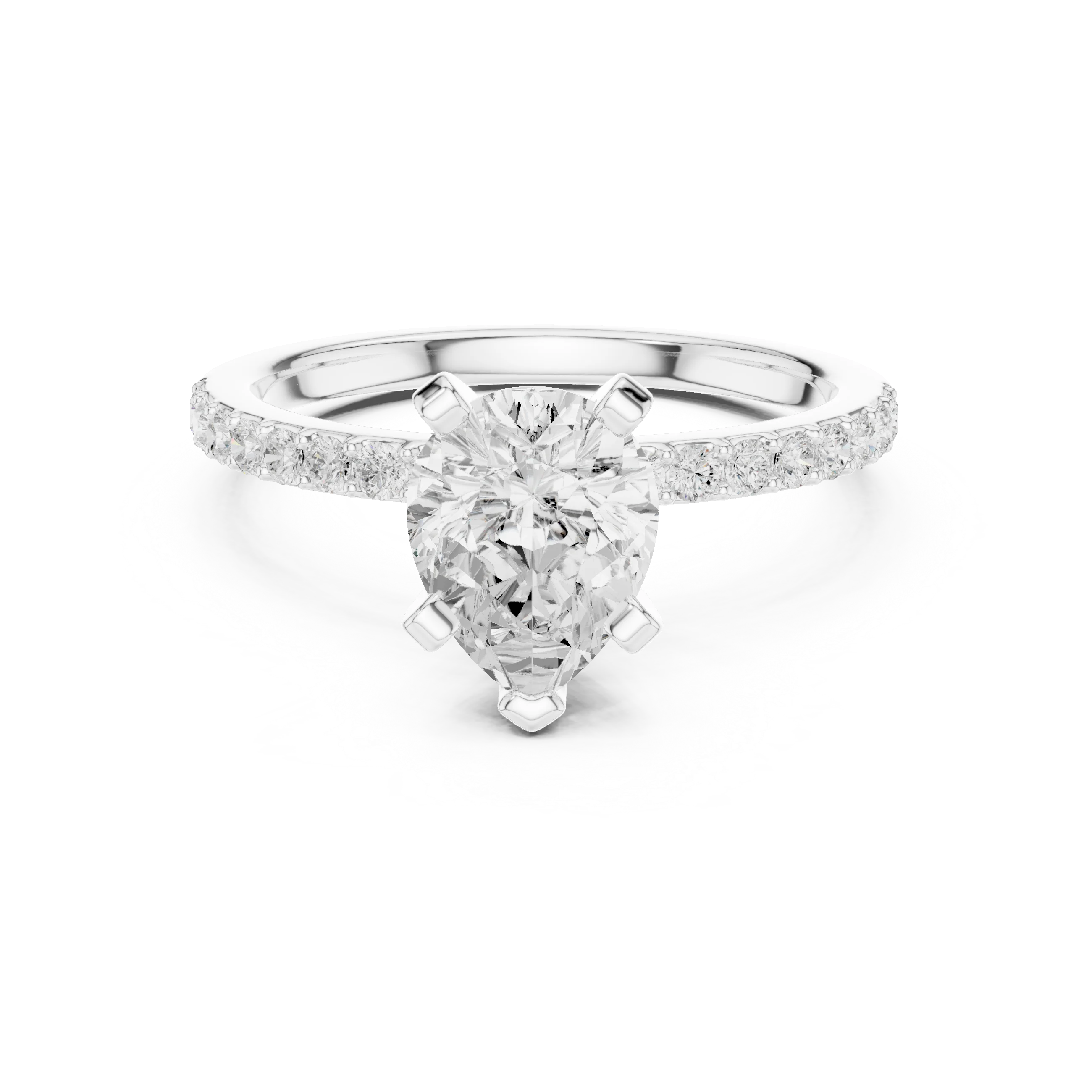 Lab-grown pear solitaire diamond ring in white gold with thin pavé band