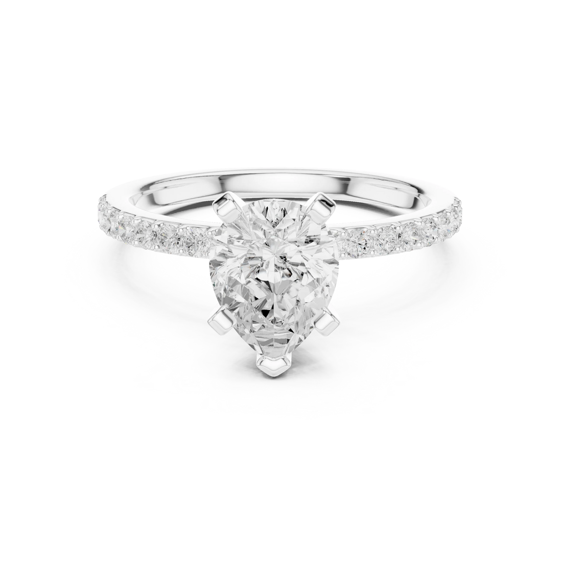 Lab-grown pear solitaire diamond ring in white gold with thin pavé band
