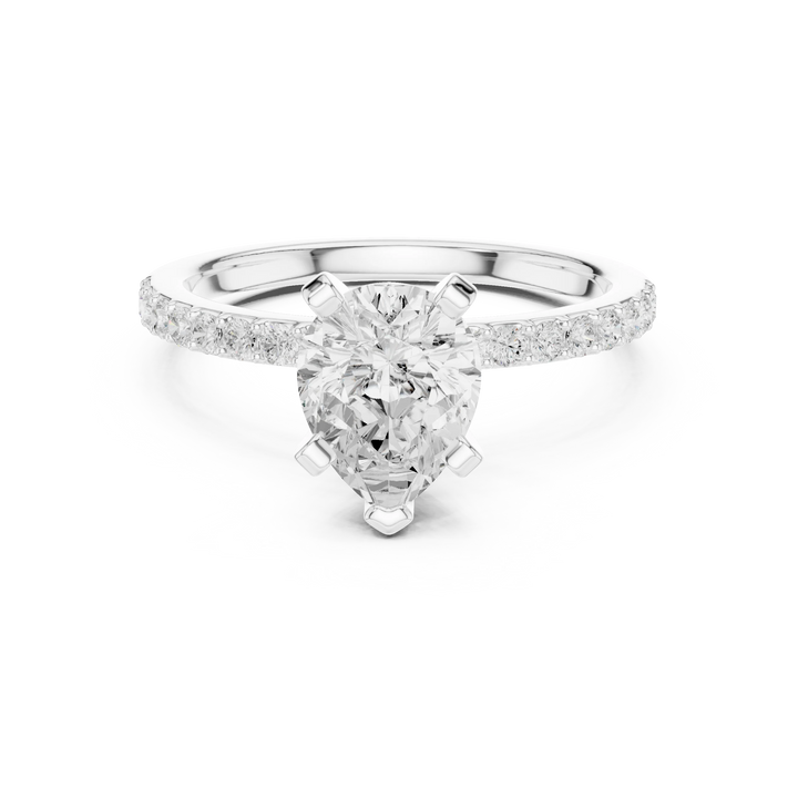 Lab-grown pear solitaire diamond ring in white gold with thin pavé band