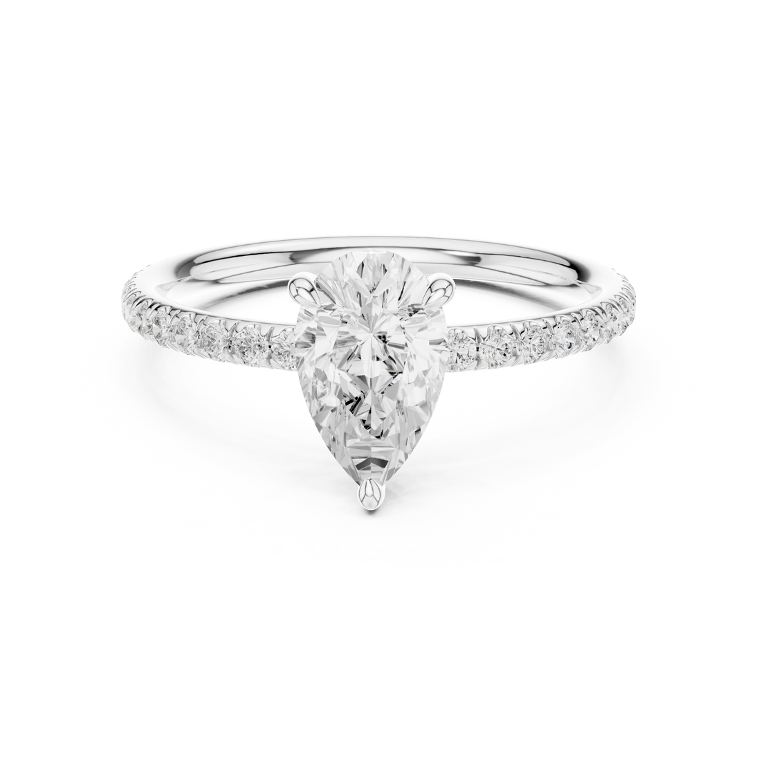 Lab-grown pear cut solitaire ring in white gold with thin pavé diamond band