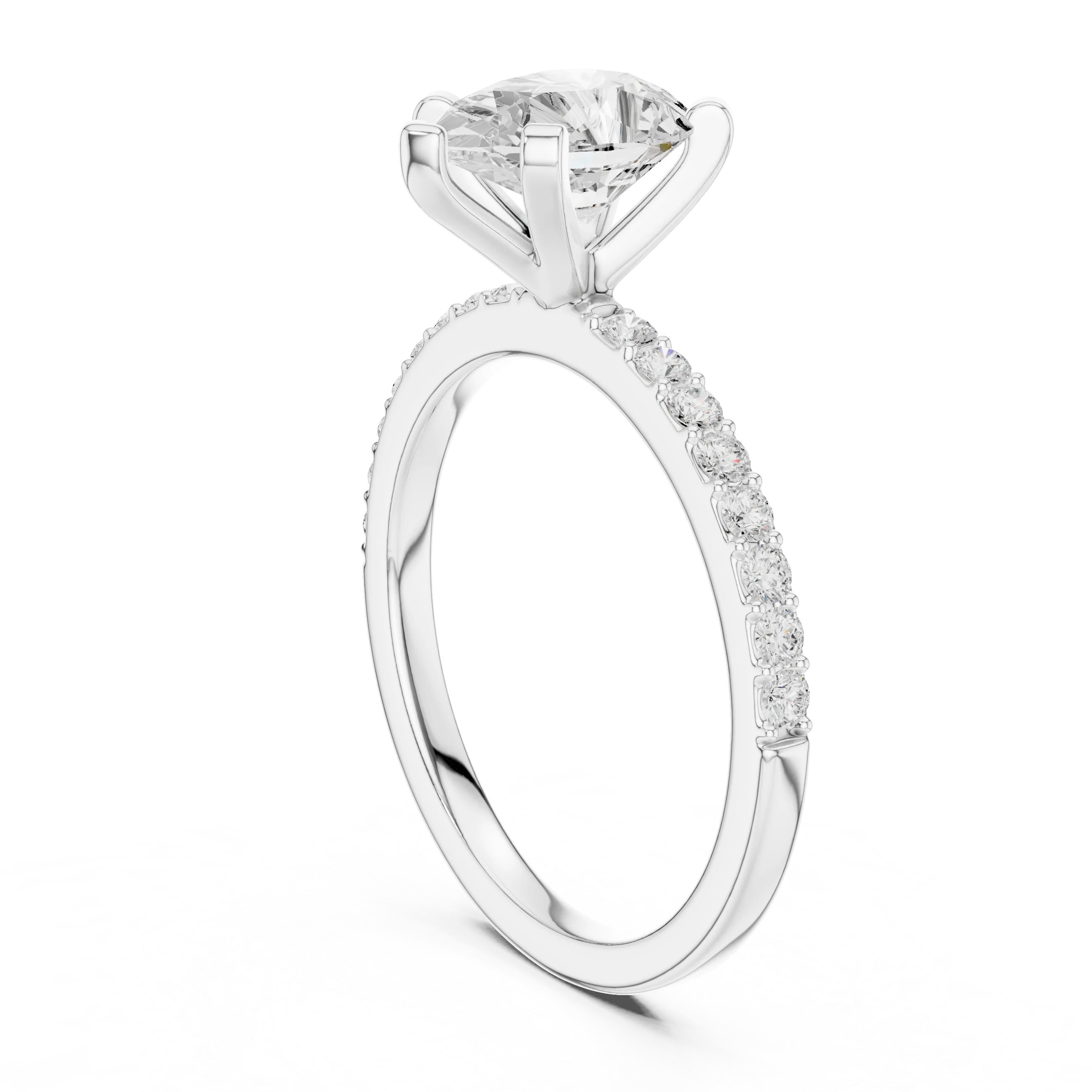 Back side view of white gold pear solitaire ring showing thin pavé band and setting details
